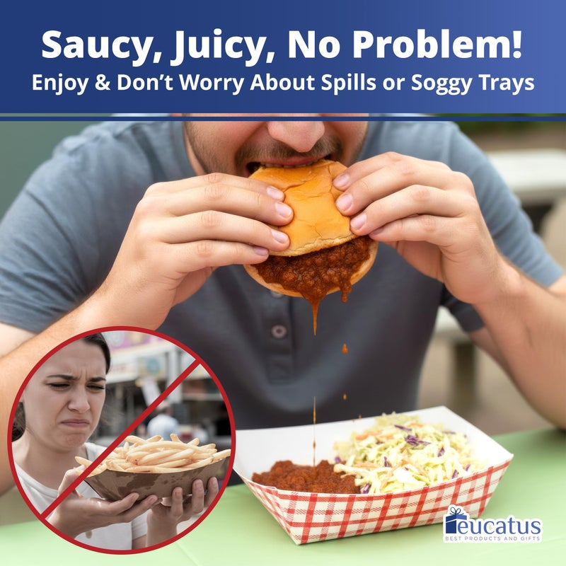 Eucatus Grease-Proof Sturdy Food Trays 3 lb Capacity 100 Pack by Eucatus. Serve Hot or Cold Snacks in These Classic Carnival Style Checkered Paper Baskets. Perfect for Concession Stand or Circus Party Fare! - Image 5